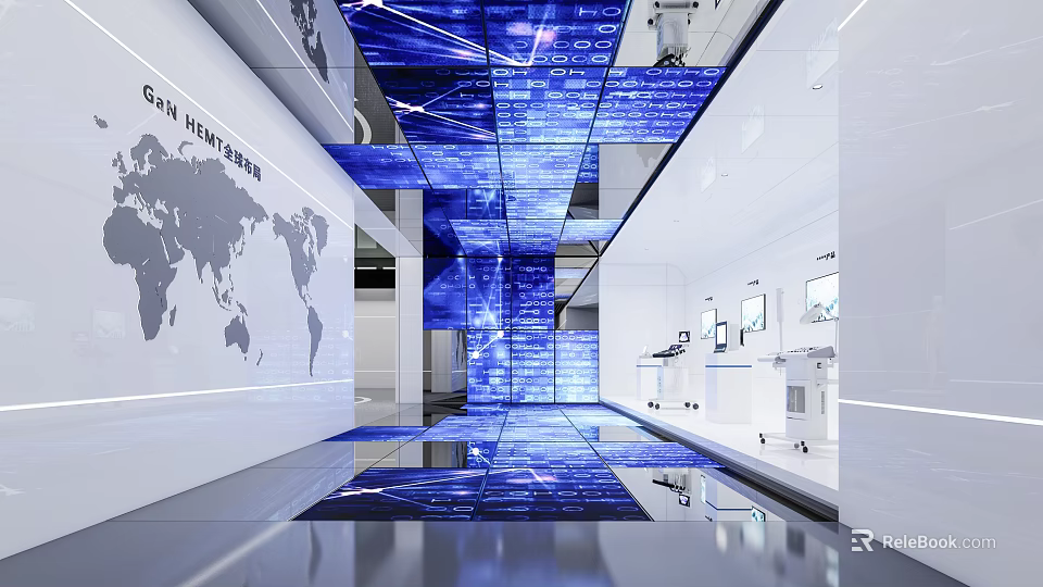 Modern Exhibition Hall with Digital Screens World Map Reflective Floor And White Walls 3d model 