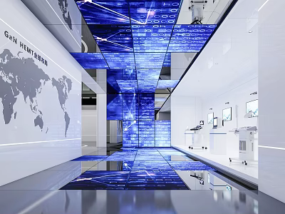 Modern Exhibition Hall with Digital Screens World Map Reflective Floor And White Walls 3d model