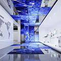 Modern Exhibition Hall with Digital Screens World Map Reflective Floor And White Walls