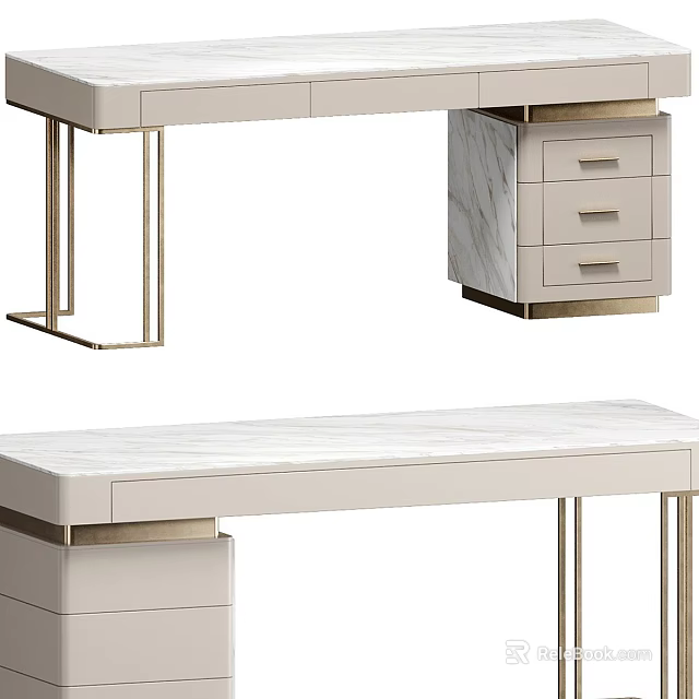 Elegant Modern Desk With Marble Tabletop Gold Metal Legs And Storage Drawers 3d model 