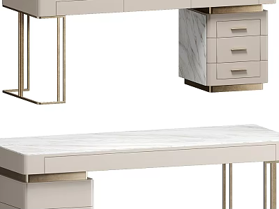 Elegant Modern Desk With Marble Tabletop Gold Metal Legs And Storage Drawers 3d model