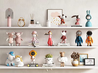 Decorative Ornament Combination with Animal Figurines Astronaut Statues and Potted Plants on Shelves 3d model