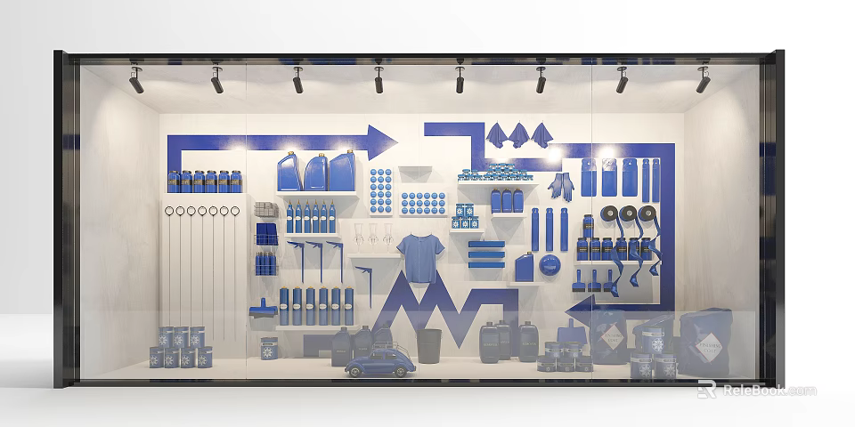 Blue Themed Window Display Featuring Apparel Tools Storage Items And Display Shelves 3d model 
