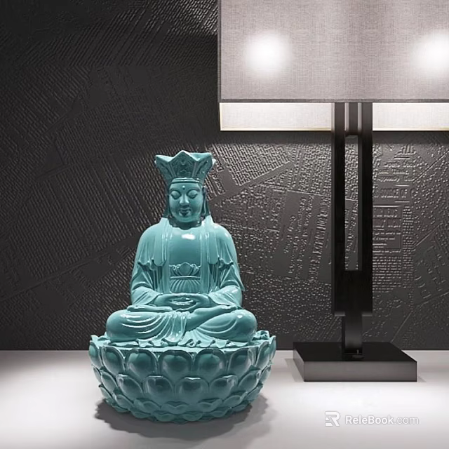Blue Bodhisattva Sculpture With Lotus Base And Table Lamp Against Dark Wall 3d model 
