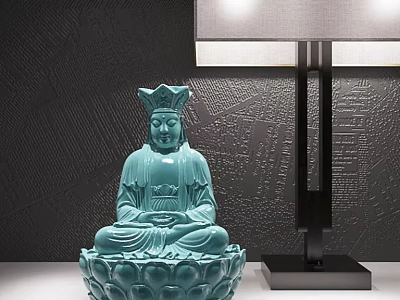 Blue Bodhisattva Sculpture With Lotus Base And Table Lamp Against Dark Wall 3d model
