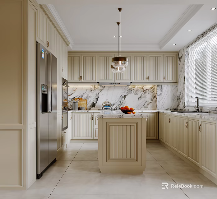 Elegant Luxury Kitchen Interior With Marble Island Wooden Cabinets And Pendant Light 3d model 