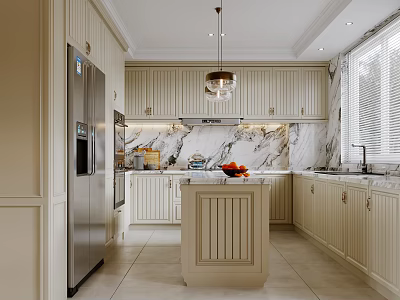 Elegant Luxury Kitchen Interior With Marble Island Wooden Cabinets And Pendant Light 3d model