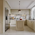 Elegant Luxury Kitchen Interior With Marble Island Wooden Cabinets And Pendant Light