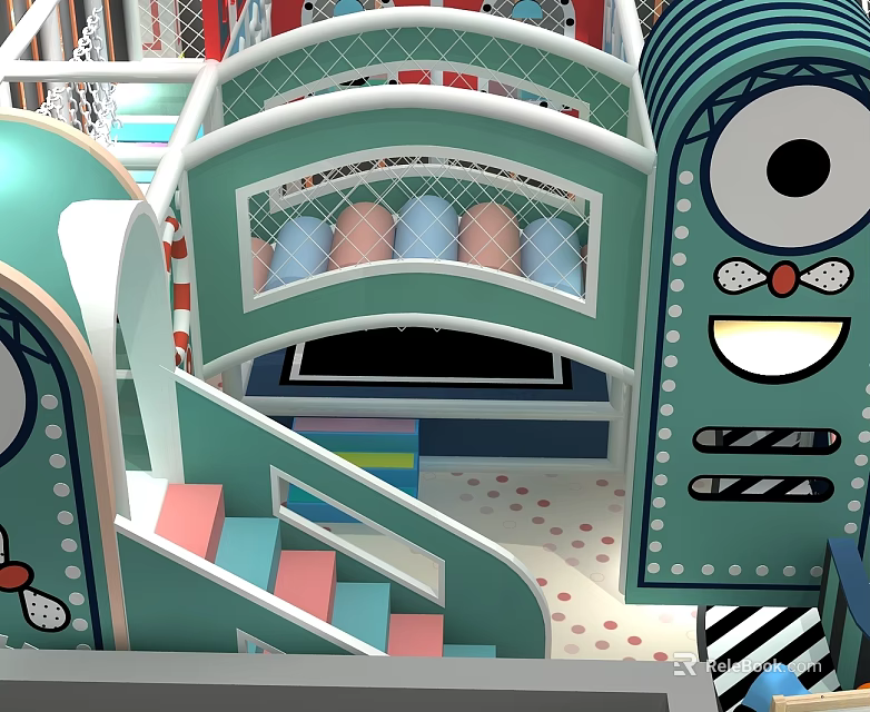 Colorful Children's Playground Landscape Sculpture With Green Blue Slides Stairs Cartoon Eyes Smiling Face 3d model 
