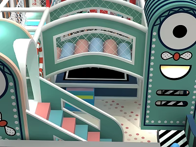 Colorful Children's Playground Landscape Sculpture With Green Blue Slides Stairs Cartoon Eyes Smiling Face 3d model