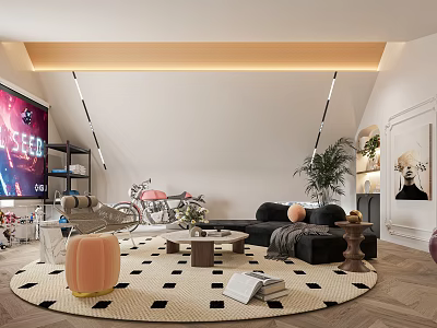 Modern Basement Living Space With Various Decor Items And Furniture 3d model
