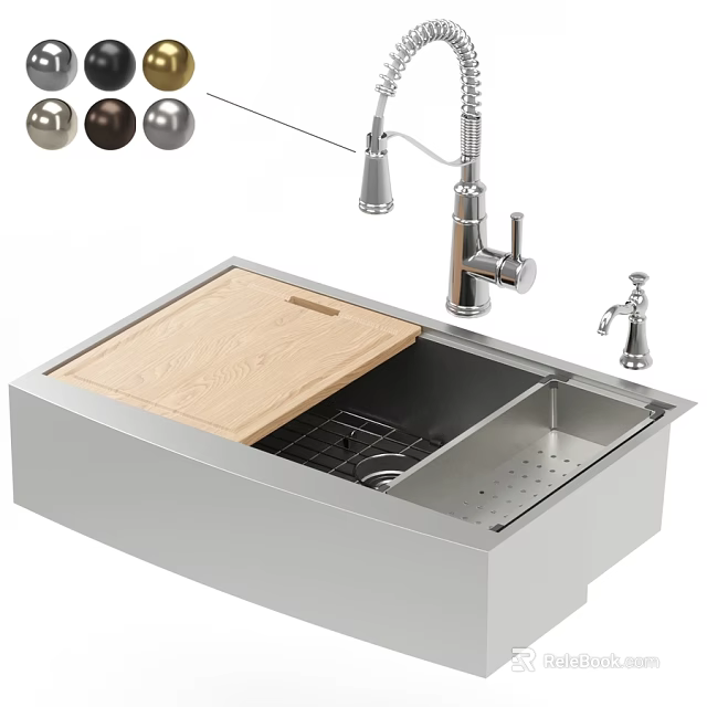 Stainless Steel Kitchen Sink With Wooden Cutting Board Faucet Drainer Rack And Color Options 3d model 