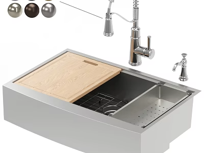 Stainless Steel Kitchen Sink With Wooden Cutting Board Faucet Drainer Rack And Color Options 3d model
