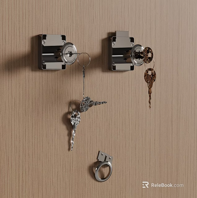 Wall Mounted Lock Mechanisms With Keys And Handcuff On Wooden Wall 3d model 