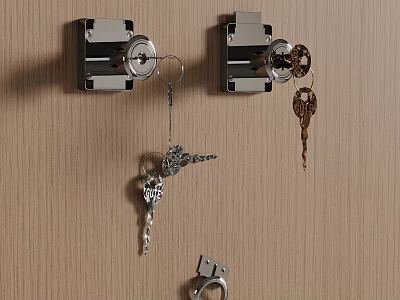 Wall Mounted Lock Mechanisms With Keys And Handcuff On Wooden Wall 3d model