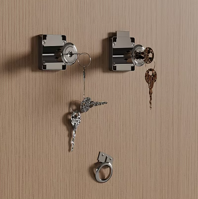 Wall Mounted Lock Mechanisms With Keys And Handcuff On Wooden Wall 3d model