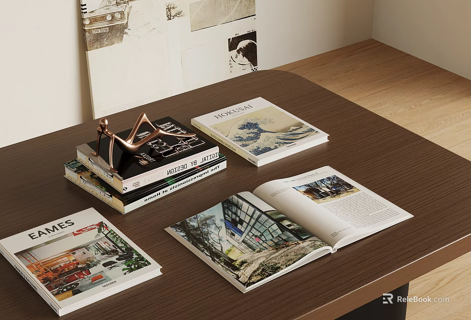 Stacked Books And Magazines On Wooden Table With Open Illustrated Book And Metal Decor 3d model 