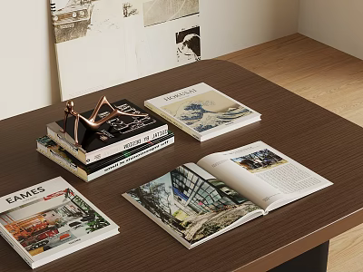 Stacked Books And Magazines On Wooden Table With Open Illustrated Book And Metal Decor 3d model
