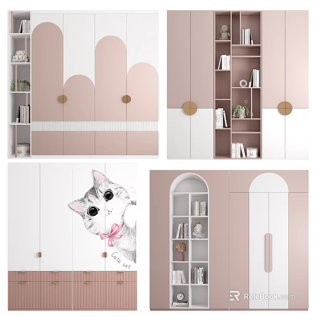 Modern Pastel Wardrobe Design With Pink White Curved Doors Storage Shelves And Golden Handles 3d model 