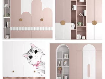 Modern Pastel Wardrobe Design With Pink White Curved Doors Storage Shelves And Golden Handles 3d model