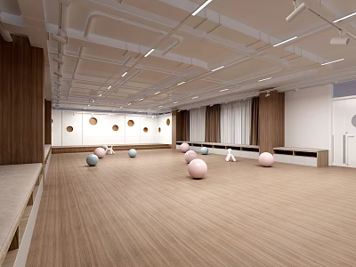 Spacious Ballroom Featuring Wooden Floor Circular Decorations Exercise Balls Benches And Ceiling Lights 3d model