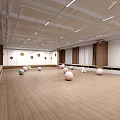 Spacious Ballroom Featuring Wooden Floor Circular Decorations Exercise Balls Benches And Ceiling Lights