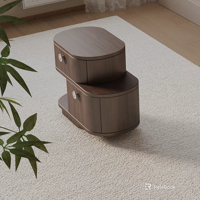 Modern Oval Wooden Bedside Table With Drawer On Soft Rug And Green Plant 3d model 