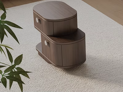 Modern Oval Wooden Bedside Table With Drawer On Soft Rug And Green Plant 3d model