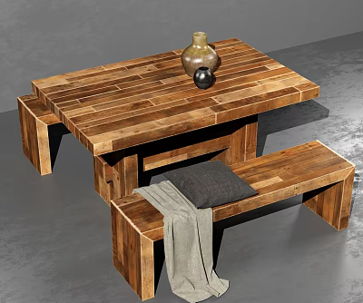 Rustic Wooden Outdoor Table with Matching Bench Gray Blanket Cushion and Vase Decorative Ball 3d model