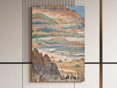 Traditional Landscape Oil Painting With Rolling Mountains Figures And Horse Caravans 3d model