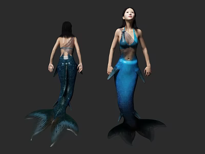 Woman as Mermaid with Blue Tail and Transparent Outfit Front Back Views 3d model