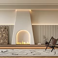 Modern White Fireplace With Flames In Living Room Striped Wallpaper Painting Brown Chair Potted Plant And Rug