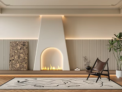 Modern White Fireplace With Flames In Living Room Striped Wallpaper Painting Brown Chair Potted Plant And Rug 3d model