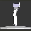 3D Robot Character With Purple Head Yellow Eyes White Body Standing On White Hexagonal Platform
