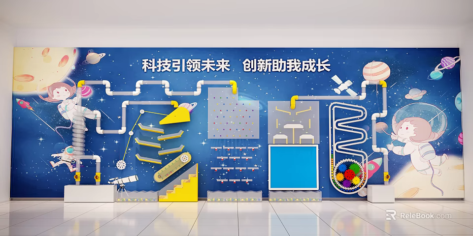 Science and Technology Themed Background Wall With Space Elements Rocket Planets And Innovation Growth Message 3d model 