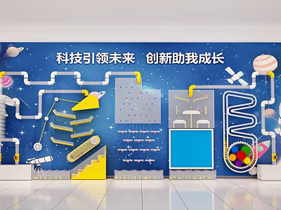 Science and Technology Themed Background Wall With Space Elements Rocket Planets And Innovation Growth Message 3d model