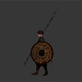 Warrior Character In Traditional Armor Holding Spear And Decorative Shield Standing Pose