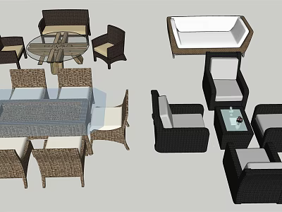Various Modern Rattan Table And Chair Sets With Unique Seating Designs 3d model