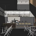 Modern Cafe Interior With Black Walls Wooden Decor Bar Counter And Dining Tables