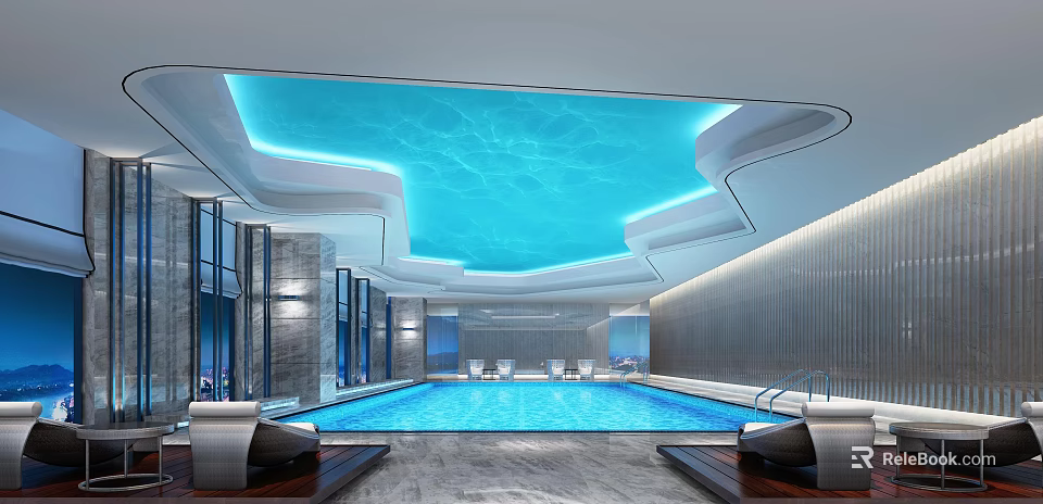 Modern Swimming Pool Interior Design With Blue Water Ceiling And Lounge Seats 3d model 