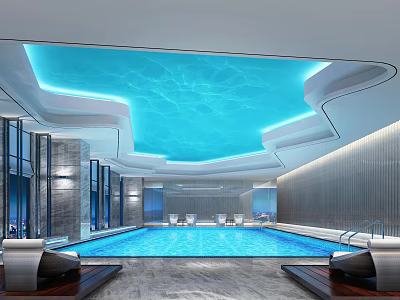Modern Swimming Pool Interior Design With Blue Water Ceiling And Lounge Seats 3d model
