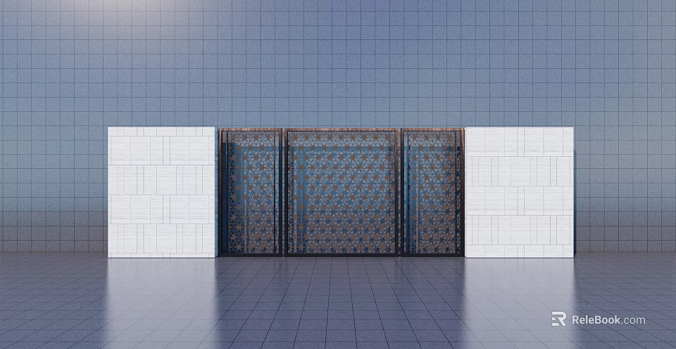 Blue Grid Feature Wall With Decorative Metal Panels And White Tile Background 3d model