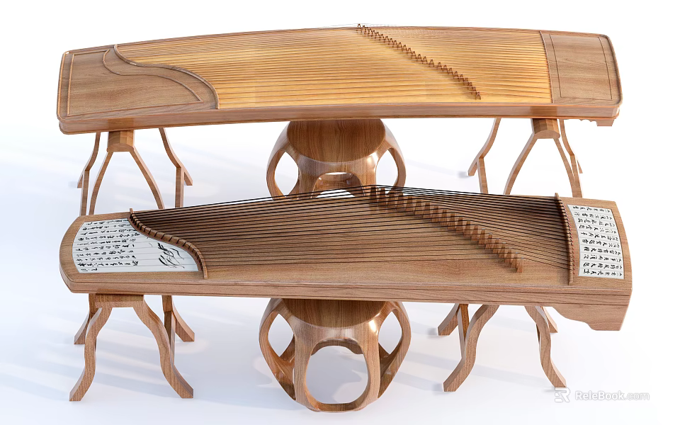 Traditional Chinese Wooden Guzheng String Instruments With Classic Design And Sturdy Stands 3d model 