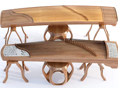 Traditional Chinese Wooden Guzheng String Instruments With Classic Design And Sturdy Stands 3d model