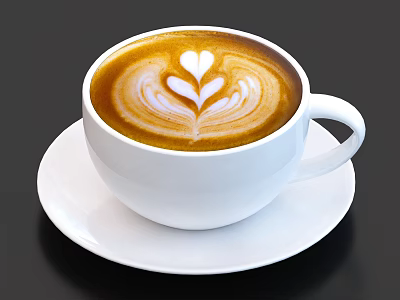 Freshly Brewed Coffee With Heart Shaped Latte Art In White Cup On Dark Background 3d model