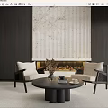 Modern Accent Chairs in Living Room with Round Black Coffee Table Fireplace and Light Rug