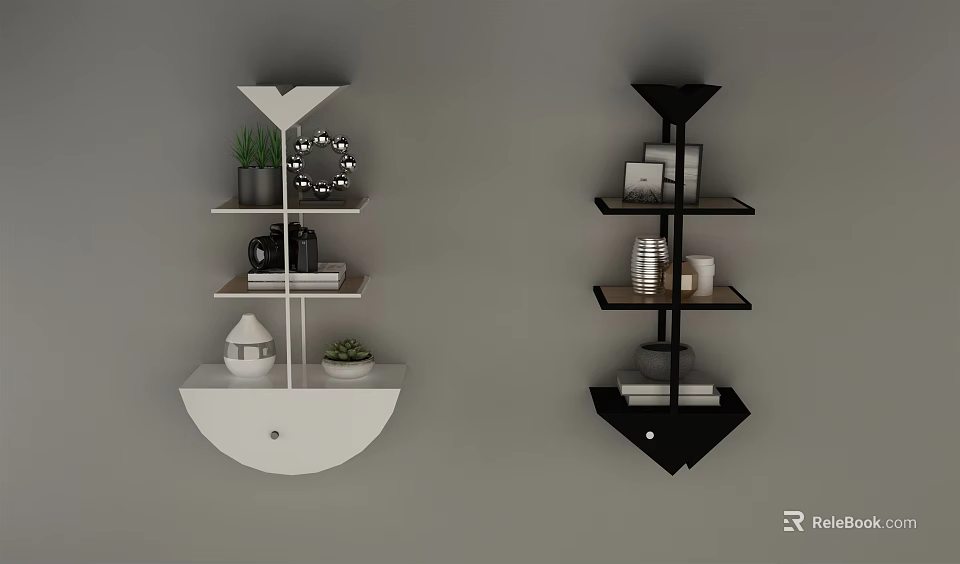 White and Black Wall Cabinets with Multiple Shelves Decorative Items Books and Plants 3d model 
