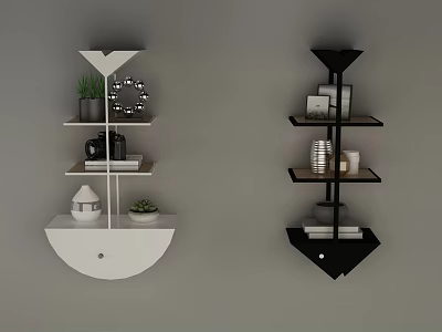 White and Black Wall Cabinets with Multiple Shelves Decorative Items Books and Plants 3d model