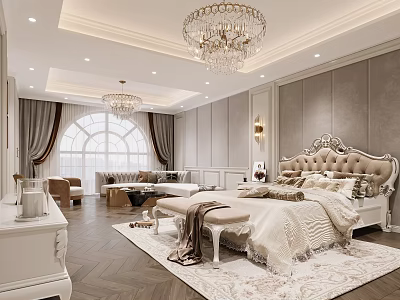 Luxurious Bedroom Interior With Crystal Chandelier Tufted Headboard And Area Rug 3d model