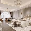 Luxurious Bedroom Interior With Crystal Chandelier Tufted Headboard And Area Rug